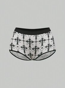 ROMWE 5pcs/Set Gothic Style Skeleton, Snake, Cross Pattern Knitted Lace Trim Panties - Black - View 9