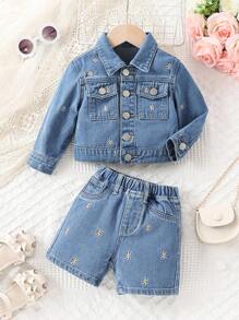 Baby Girls' Medium Washed Blue Daisy Embroidered Denim Jacket And Shorts Set - Medium Wash - View 1