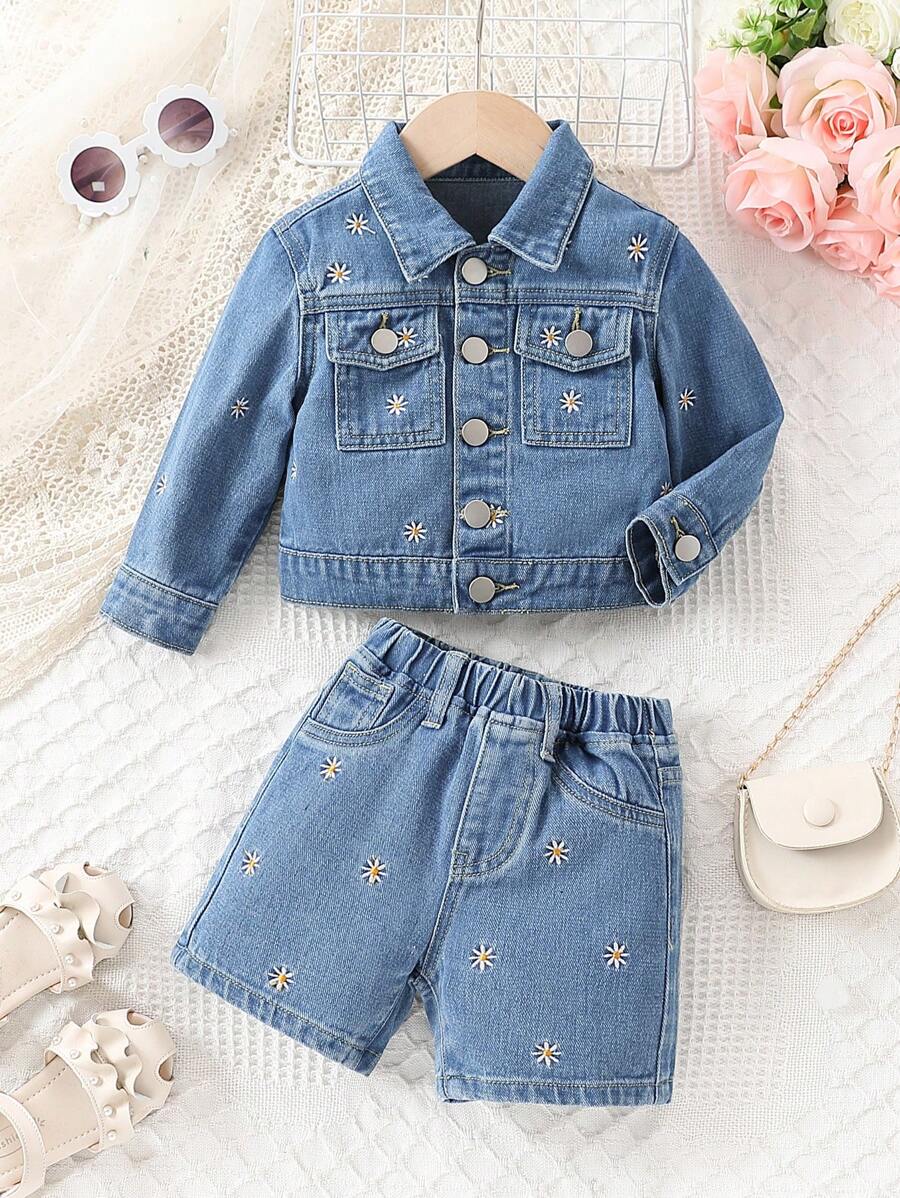 Baby Girls' Medium Washed Blue Daisy Embroidered Denim Jacket And Shorts Set - Medium Wash - View 1