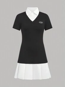 SHEIN Teen Girl Back To School Metal Decor Lapel Short Sleeve Pleated Patchwork Fitted Dress