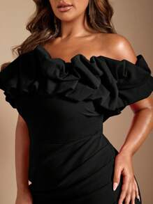 SHEIN BAE Vestido largo de sirena elegante rojo rosa de talla grande para mujer con cuello de globo, hombro descubierto, cintura y hueco para fiesta