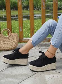 Women's Platform Wedge Shoes, Black Suede Lace-Up Jute Sole, Chic New Casual All-Match Waterproof Thick Bottom Increased Height Shoes, Suitable For Holiday, Daily, Spring Wear