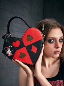 Harley Quinn X SHEIN Women's Heart Shaped Shoulder Bag With Playing Card & Cartoon Character Print,Lover, Day , Valentine's Day - Multicolor - View 4