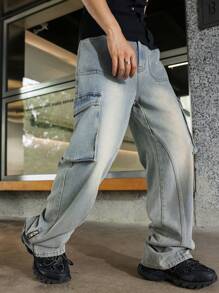 Manfinity Roghcode Vintage Men's Front Blue Distressed Wide Leg Jeans - Teal Blue - View 5