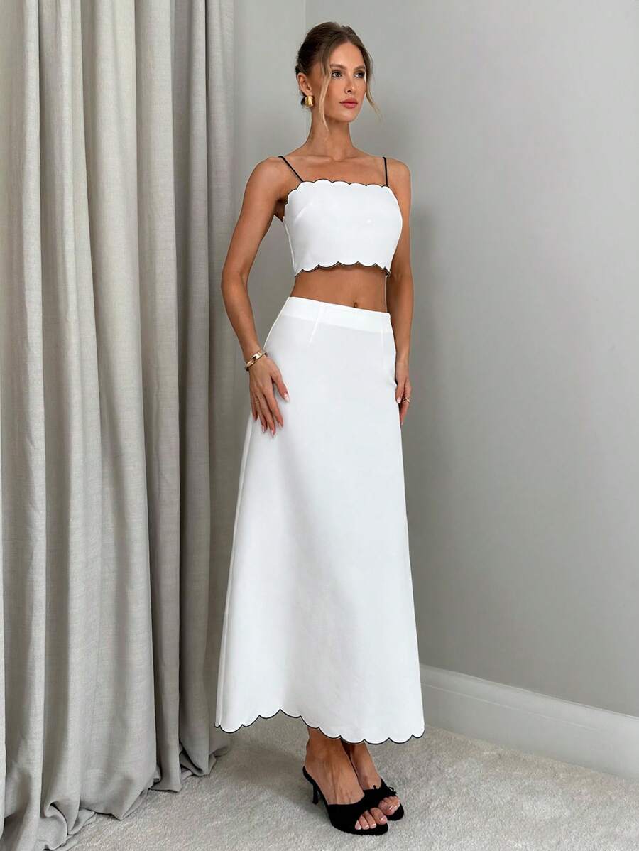 Firerie 實心短款背心上衣&扇邊細節裙子 - 白色 - 查看 1