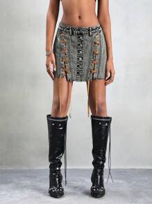 牛仔裙前開口系帶，不帶腰帶 - 灰色 - 查看 5