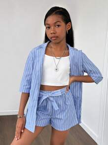 SHEIN Conjunto de blazer de manga corta a rayas y pantalones cortos para niñas preadolescentes para el trabajo - Azul - Ver 6