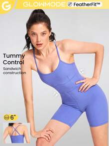SHEIN GLOWMODE X Marika Sila  6" FeatherFit™ Tummy Control Adjustable Straps Sports Romper Low Impact Yoga Daily Summer - Periwinkle Blue - View 2