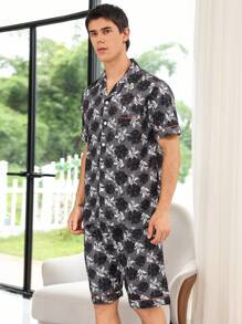 Men Tropical Print Contrast Piping PJ Set / Pajama Set - Multicolor - View 5