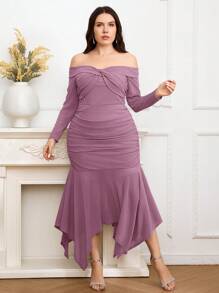 Modelyn Plus Off Shoulder Twist Front Ruched Mermaid Hem Dress - Dusty Pink - View 5
