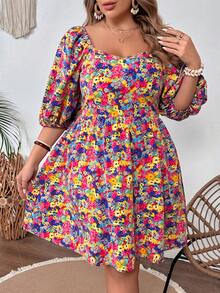 SHEIN VCAY Plus Size Lantern Sleeve Dress With A V-Neckline, Perfect For Vacation