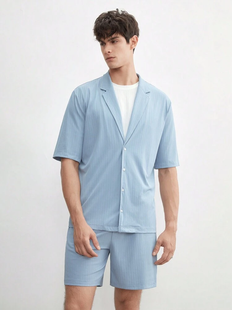 Men's Plain Knitted Loose-Fit Drop-Shoulder Regular Casual Jacket And Shorts Set, Suitable For Spring And Summer
