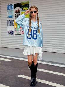 2 Stücke/Set Tween-Mädchen Mode Street Style Loose V-Ausschnitt Langarm T-Shirt mit Buchstaben Muster und asymmetrischer Saum Design Rock - Verschiedenfarbig - Übersicht 6