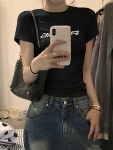 女士字母印花短袖休闲 T 恤，夏季 - 黑色 - 查看 3