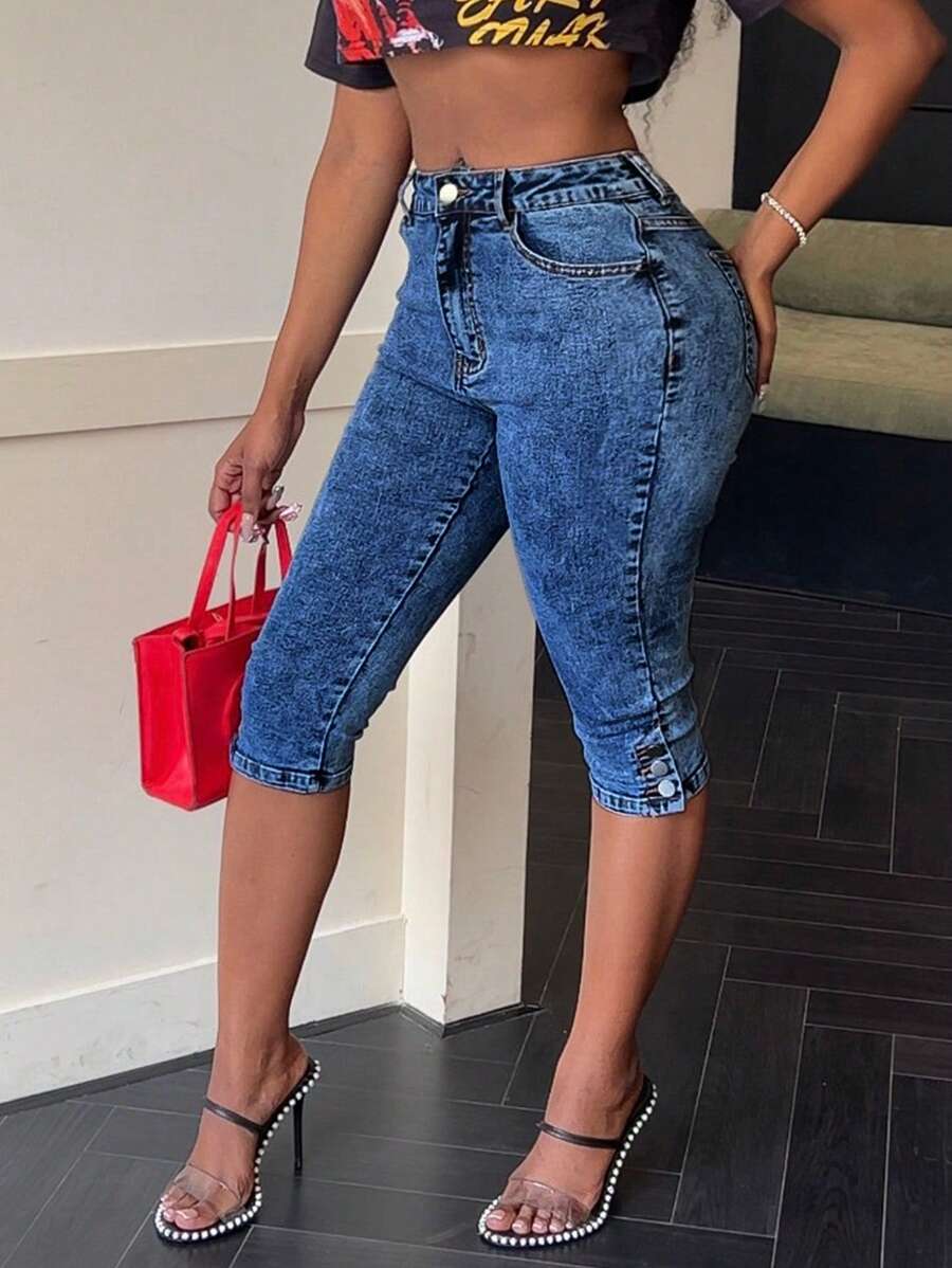 High Waist Button Hem Skinny Jeans