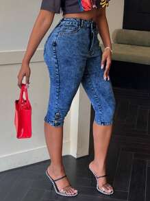 High Waist Button Hem Skinny Jeans