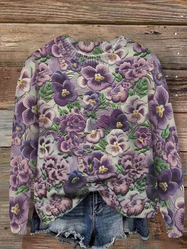 [Targeted Development] New Arrival Fashionable Round Neck Violet Flower Printed Women's Long Sleeve Sweater
