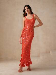 Anewsta Women's Red Exclusive Paillette-Sequined Crocheted Midi Cover Up Dress Summer - Orange - View 3