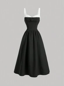 SHEIN MOD Schwarz-weiß Farbblock Halterkleid, dreidimensionale Blumen, Schul-Rückkleider, Lehrerkleid, Vintage-Kleidung für Damen, Kleid, Sommerkleid, Geburtstagskleid, schwarzes Kleid, Abschlussball-Kleid, Partykleid, mädchenhafte Kleidung