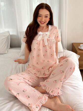 Dream Adore 女士樱桃印花短袖长裤睡衣套装，带蝴蝶结装饰，节日季