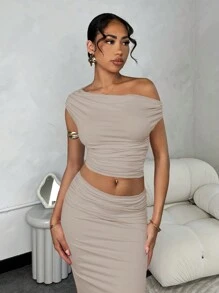 SHEIN BAE Asymmetrical Ruched Oblique-Shoulder Top & Low-Waist Ruched High-Slit Skirt Solid Pink Summer Set For Women - Grey - View 5