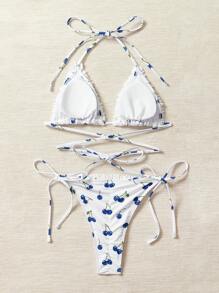SHEIN Swim Women's Summer Beach Cherry Printed Ruffled Halter Halter Sexy Bikini Set - Blue and White - View 2