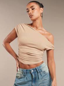 SHEIN BAE Áo crop top mùa hè có cổ bất đối xứng màu trơn dành cho nữ - Màu Khaki - Xem 4