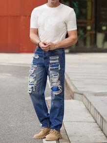 Manfinity Homme Men Solid Tee & Ripped Frayed Cat Scratch Baggy Jeans - Dark Wash - View 1
