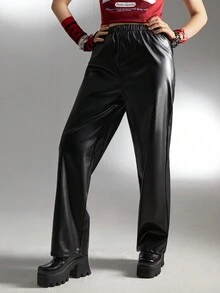 SHEIN Explorewe Teenagers' Basic Black PU Leather Straight Leg Pants - Black - View 6