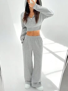 SHEIN EZwear Women's Spring Fashionable Pink Zip Front Hooded Sweatshirt And Pants Two Pieces Set - Grey - View 6