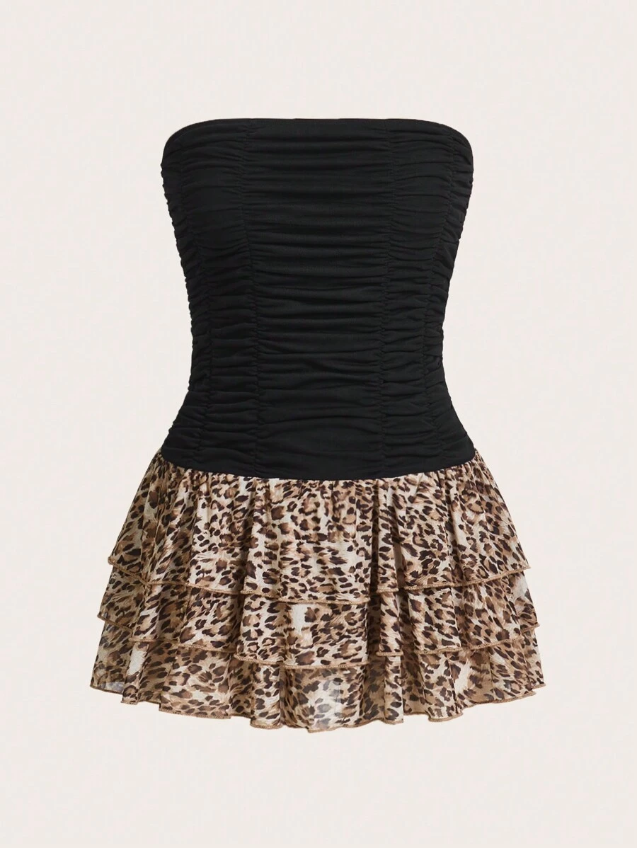 SHEIN ICON Cheetah Print Y2k Sexy Bodycon Leopard Print Layered Dress Hem Strapless Women's Dress Black Tube Dress Beach Women Outfits Rave Festival Outfits