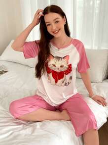 Dream Adore Cute Cat Pattern Women's Round Neck Contrast Color Casual Pajama Set With Raglan Sleeve Top And Pants
