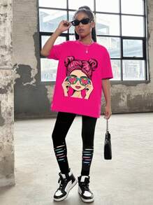 SHEIN Sparklyn Tween Girl Casual Fashionable Double Bun Hairdo & Sunglasses Print Short-Sleeve T-Shirt With Leggings Basic Set - Multicolor - View 3