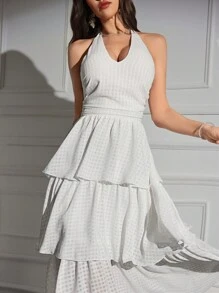 Modelyn Tie Backless Ruffle Hem Halter Dress For Summer Long Evening Dresses