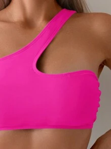 Swim Basics Summer Beach Plain One Shoulder High Waisted Bikini Set, Bathing Suit