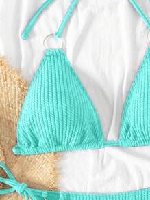 SHEIN Swim 2026 Spring/Summer Mint Blue Thin Strap Halter Circular Ring Decor Side Tie High Cut Thong Bikini 2-Piece Swimsuit - Mint Blue - View 7