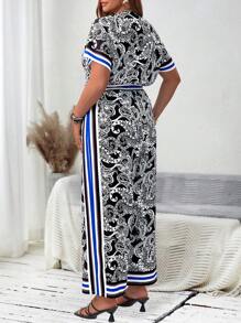 EMERY ROSE Plus Size Women's Vacation Paisley Printed Short Sleeve Jumpsuit With Pockets, Wide Leg - Multicolor - View 2