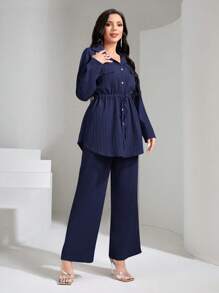 Graceveil Flap Pocket Drawstring Waist Shirt & Wide Leg Pants For Spring & Summer Modest - Navy Blue - View 6