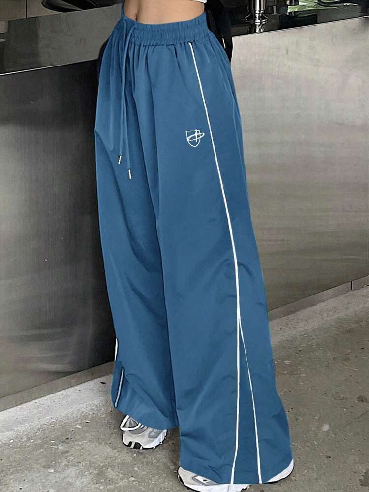 Casual Contrast Piping Drawstring Waist Wide Leg Pants