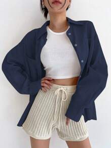 DAZY Áo sơ mi dài tay trễ vai trơn cho mùa xuân và mùa hè - Màu xanh hải quân - Xem 1