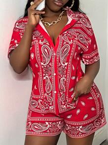 Slaydiva Casual Street  Loose Short Sleeve Shirt And Shorts, Red  Print Loose Shirt Set, Women's 2pcs Set-C
