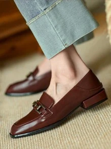 秋冬女式平底乐福鞋，方头黑色休闲穆勒鞋，英伦风皮鞋 - 棕色 - 查看 4