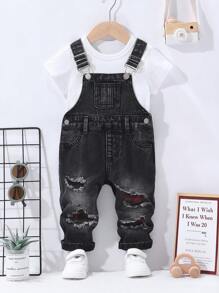 男婴帅气破洞个性吊带牛仔裤，百搭喷绘马和黑牛时尚，适合万圣节派对