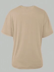 SHEIN 女士簡約印花圓領短袖T恤和短褲套裝，2件套 - 卡其色 - 查看 2