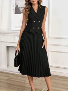 SHEIN Clasi 雙排釦背心外套和褶皺裙 - 黑色 - 查看 4