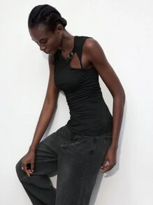 Maija 2025 Spring/Summer & Early Autumn Independence Day July Outfit Women's Black Fitted Strap Decor Design Modern Urban Chic Versatile Top, Black Hollow-Out PU Leather Decor Sleeveless Modern Urban Casual Women Apparel