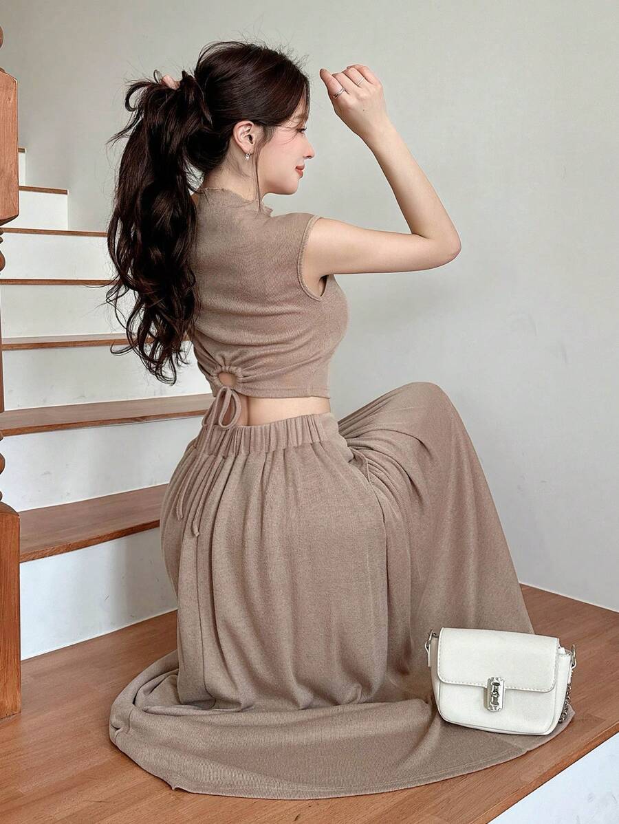 DAZY Damen Set aus einfarbiger gestrickter Weste und Rock für den Sommer, Damen Zweiteiler - Braun - Übersicht 1