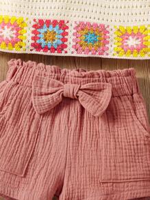 SHEIN Young Girl Crochet Flower Patterned Crop Top And Shorts Set With Headband - Multicolor - View 4