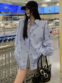 DAZY 女士长袖蝴蝶印花衬衫，配领结，秋季服装图案T恤 - 藍色 - 查看 3