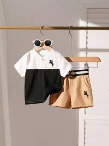 Boys Colorblock Figure Graphic Polo Shirt & Shorts - Black and White - View 1